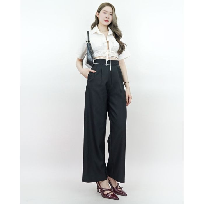 CITY TRIMMED BASIC PANTS-BLACK-S