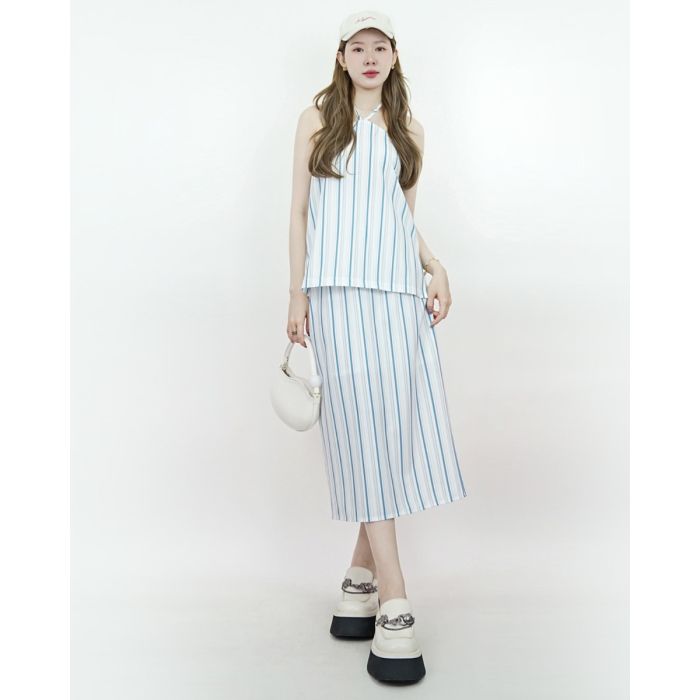 SUNDAE STRIPE TOP & SKIRT SET-BLUE