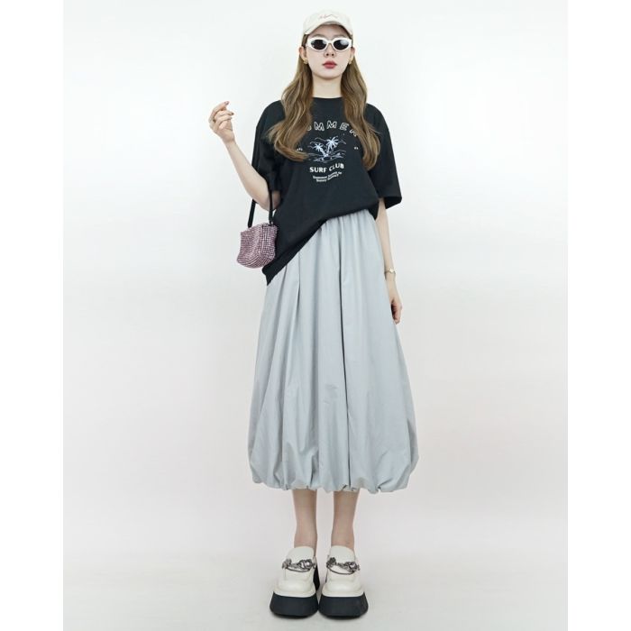 NYLON BALLOON MIDI SKIRT-GREY