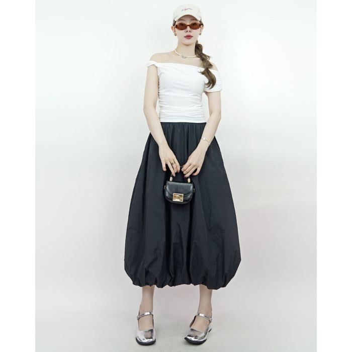 NYLON BALLOON MIDI SKIRT-BLACK