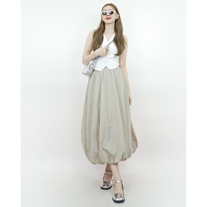 NYLON BALLOON MIDI SKIRT-TAUPE