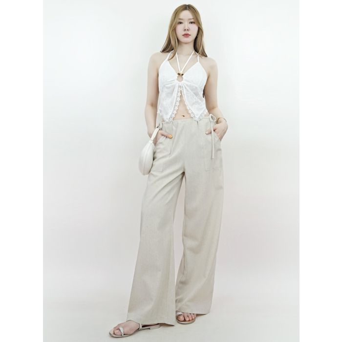 RUCHED TIE SIDE LINEN PANTS-WHEAT