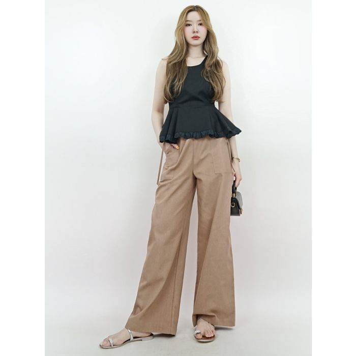 RUCHED TIE SIDE LINEN PANTS-KHAKI