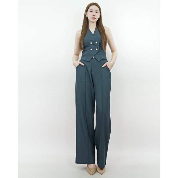 MODA HALTER VEST & PANTS SET-CHARCOAL