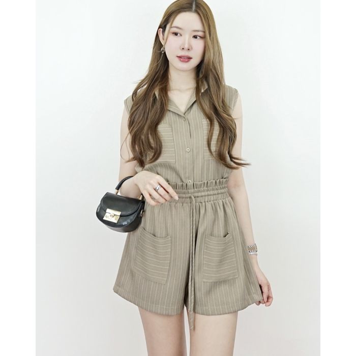 AFTER HOURS PINSTRIPE TOP & SHORTS SET-TAUPE