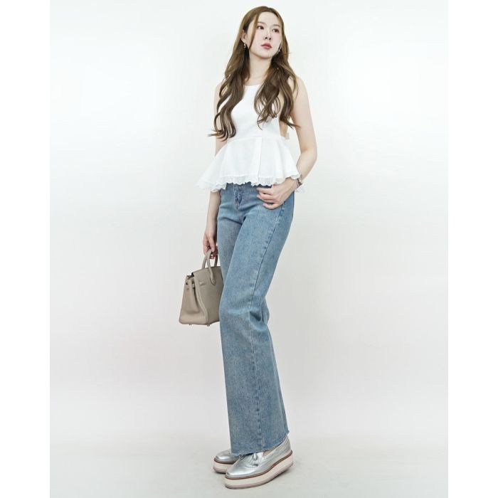 SCULPTED FULL-LENGTH DENIM PANTS-BLUE-M