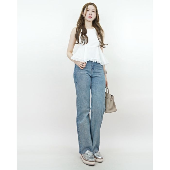 SCULPTED FULL-LENGTH DENIM PANTS-BLUE-S