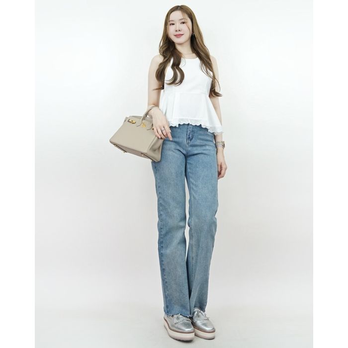 SCULPTED FULL-LENGTH DENIM PANTS-BLUE-L