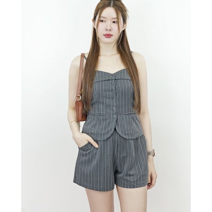 TONIC PINSTRIPE SINGLET & SHORTS SET-GREY