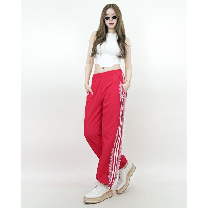 LACE RIBBON TRACK PANTS-RED