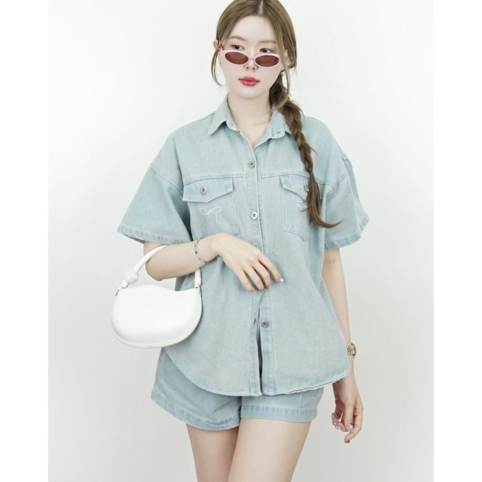 BOW OVERSIZED DENIM SHIRT & SHORTS SET