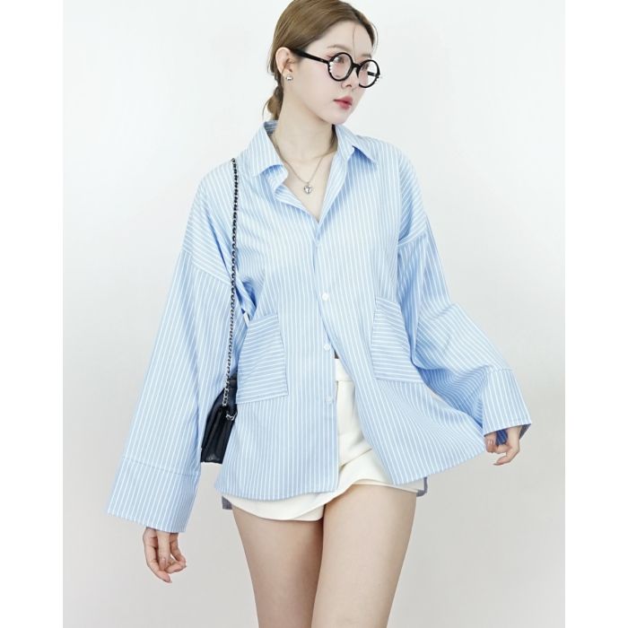 STRIPE POCKET OVERSIZED SHIRT-SKY