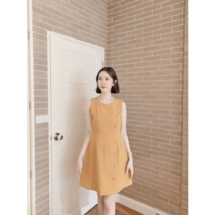 MAELYN BUTTON BASIC A-LINE DRESS-MUSTARD-M