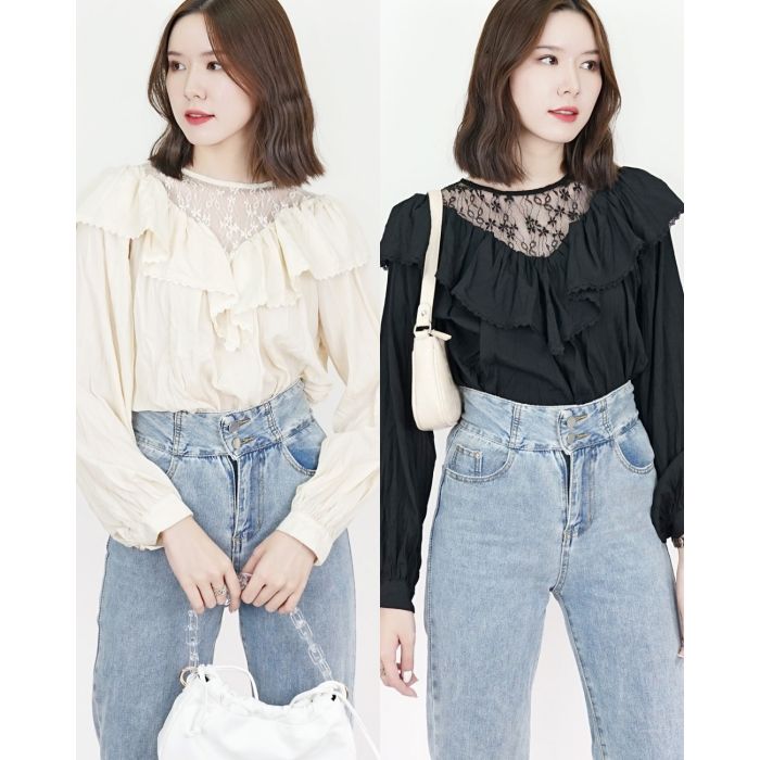 TWINKLE MESH LACE RUFFLE BLOUSE