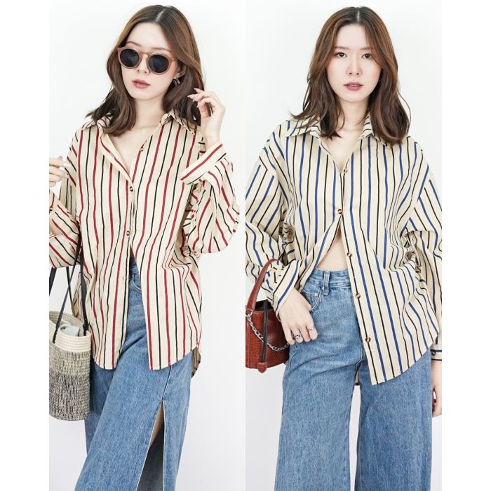 STRIPE DRAWSTRING OVERSIZED SHIRT