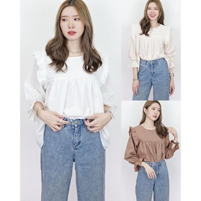 GRETEL PINTUCK RUFFLE COTTON BLOUSE