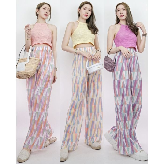 TRIANGLE MULTICOLOUR PLEATED SATIN PANTS