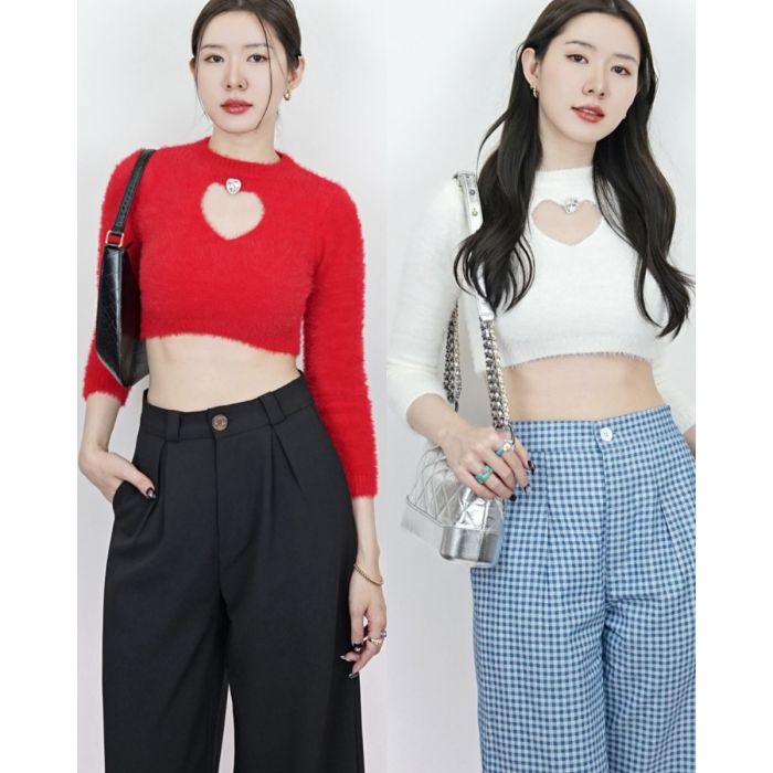 HEART JEWEL FUR KNIT CROP TOP