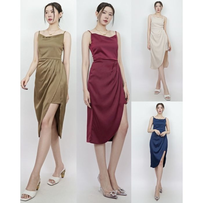 SENSUAL DRAPED TIE BACK SATIN DRESS