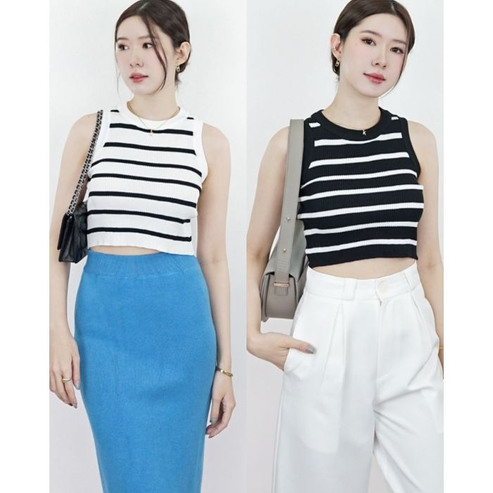 STRIPE CROPPED SLEEVELESS KNIT TOP