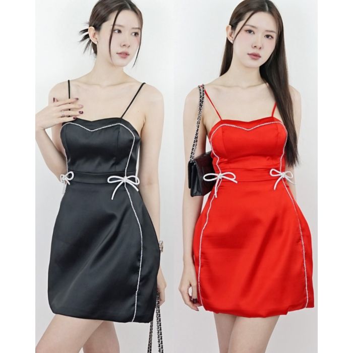 RUBY CRYSTAL BOW SATIN SINGLET DRESS