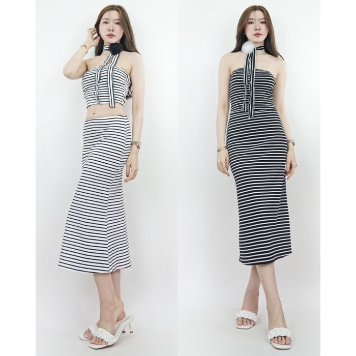 FLOWER STRIPE TUBE TOP & MIDI SKIRT SET