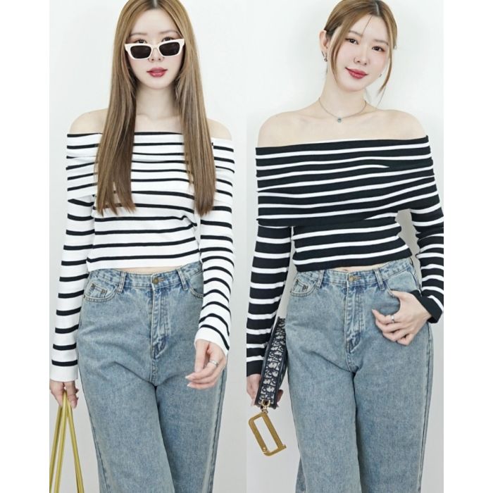 STRIPE OFF SHOULDER KNIT TOP