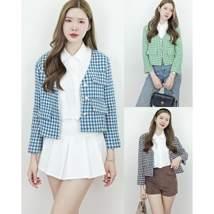 HOUNDSTOOTH V NECK TWEED JACKET