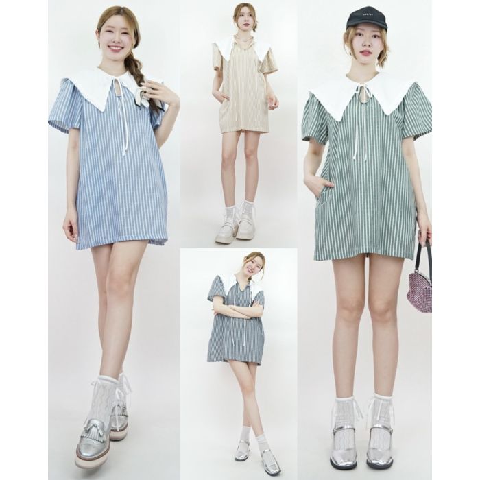 STRIPE PUDDING BOW OVERSIZED COLLAR DRESS