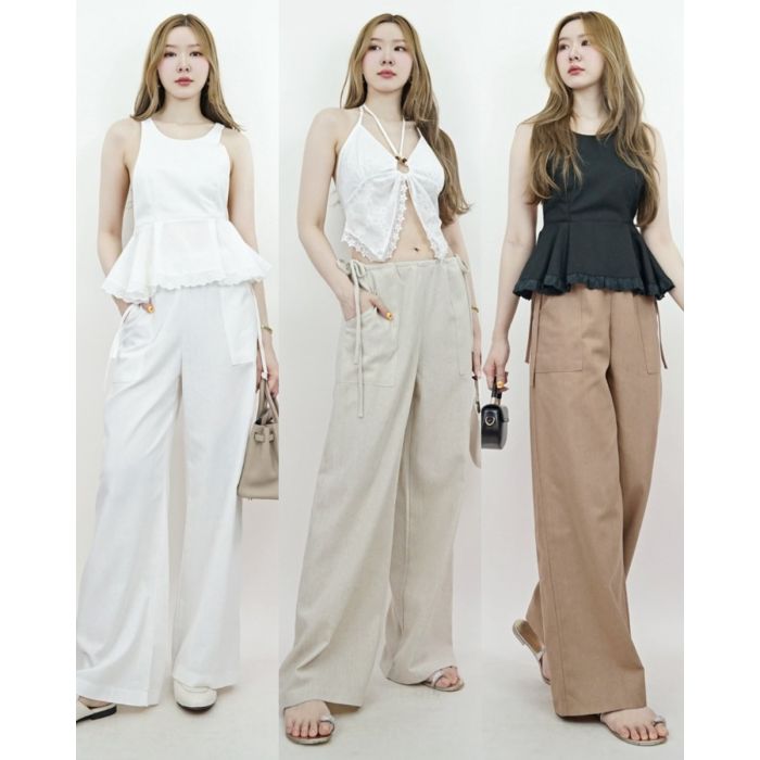 RUCHED TIE SIDE LINEN PANTS