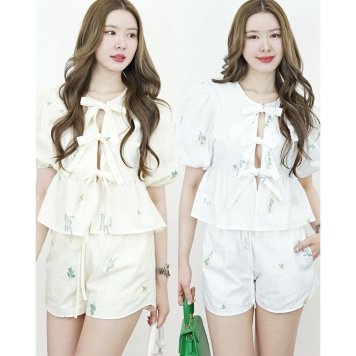 MUSE FLOWER BOW BLOUSE & SHORTS SET