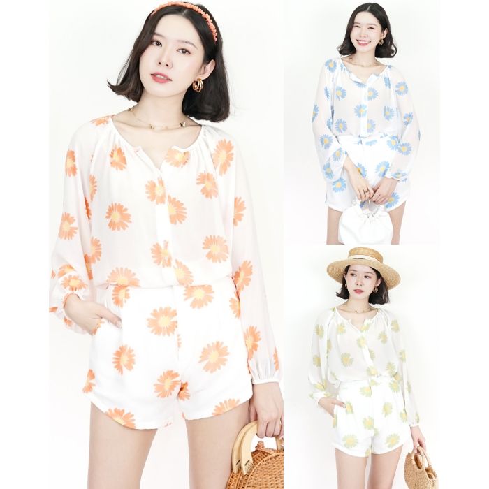 SUNFLOWER CHIFFON BLOUSE & SHORTS SET