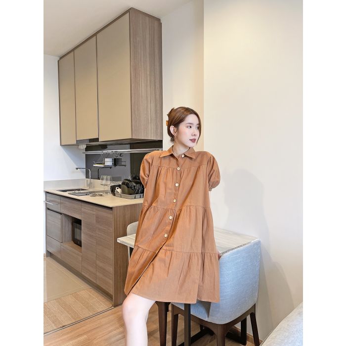 DENISH BUTTON COTTON SHIRT DRESS-BROWN