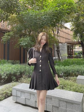 TRAVERTINE PLEATED BLAZER DRESS-BLACK-L