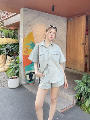 OVERSIZED DENIM SHIRT & SHORTS SET-SKY