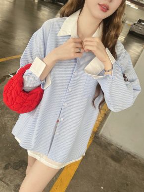 LAZY SUNDAY STRIPE OVERSIZED SHIRT-BLUE