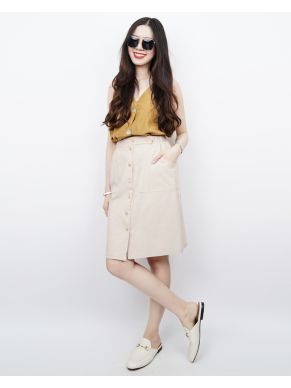 YUKI BUTTON LINEN SKIRT-BEIGE