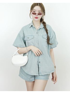 BOW OVERSIZED DENIM SHIRT & SHORTS SET