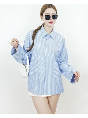 STRIPE POCKET OVERSIZED SHIRT-BLUE