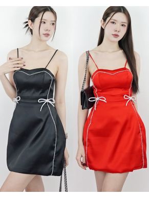 RUBY CRYSTAL BOW SATIN SINGLET DRESS