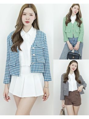 HOUNDSTOOTH V NECK TWEED JACKET