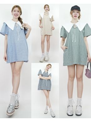 STRIPE PUDDING BOW OVERSIZED COLLAR DRESS