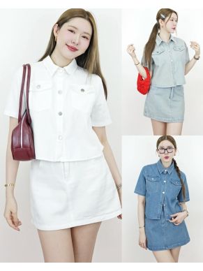 PREPPY DENIM CROP SHIRT & SKIRT SET