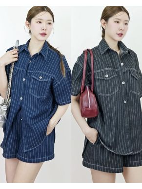 STRIPE OVERSIZED DENIM SHIRT & SHORTS SET