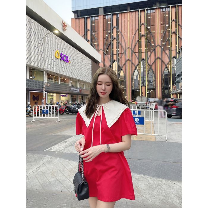 PUDDING BOW OVERSIZED COLLAR DRESS-RED
