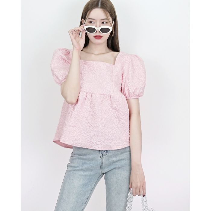 ROSE EMBOSSED BOW BACK BLOUSE-PINK