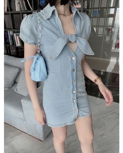 HANNAH BOW DENIM BODYCON DRESS-M