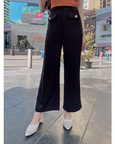 SOFT CARA GOLD BUTTON STRAIGHT PANTS-BLACK-M