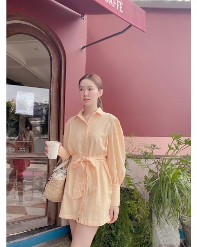 GRAZIA TIE WAIST LINEN SHIRT DRESS-ORANGE