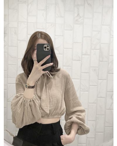 ALYNN CUSTARD BOW CROPPED BLOUSE-TAUPE